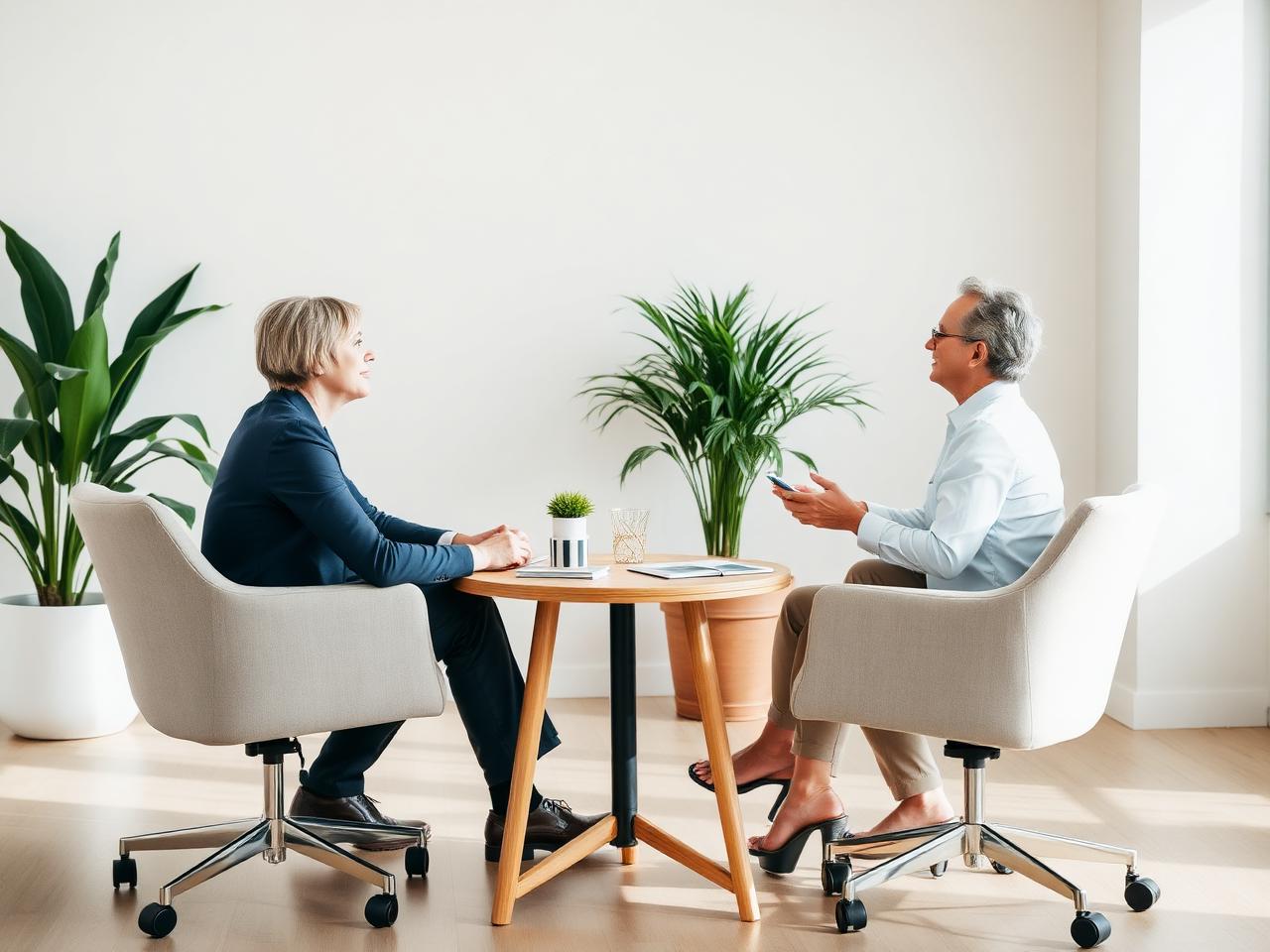 A one-to-one coaching conversation in a bright office